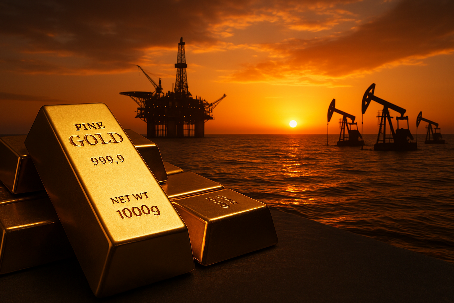 Gold bars and oil rig at sunset